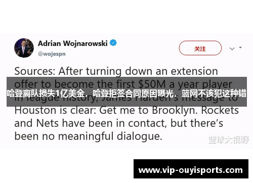 哈登离队损失1亿美金，哈登拒签合同原因曝光，篮网不该犯这种错